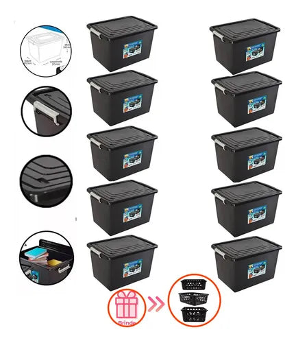 Kit 10 Caixas Organizadoras 56 Litros C/Tampa e Trava Preta 25793PM Arqplast
