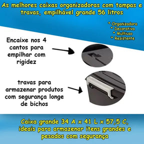 Kit 10 Caixas Organizadoras 56 Litros C/Tampa e Trava Preta 25793PM Arqplast