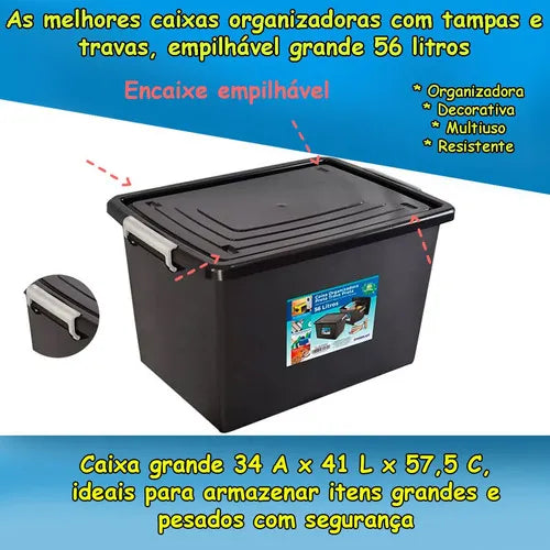 Kit 10 Caixas Organizadoras 56 Litros C/Tampa e Trava Preta 25793PM Arqplast